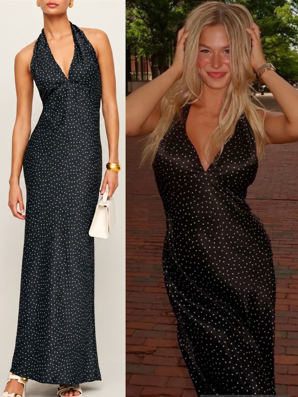 NEW Reformation Reformation Daniela Silk Halter Maxi Dress Gown Black Polka Dot
